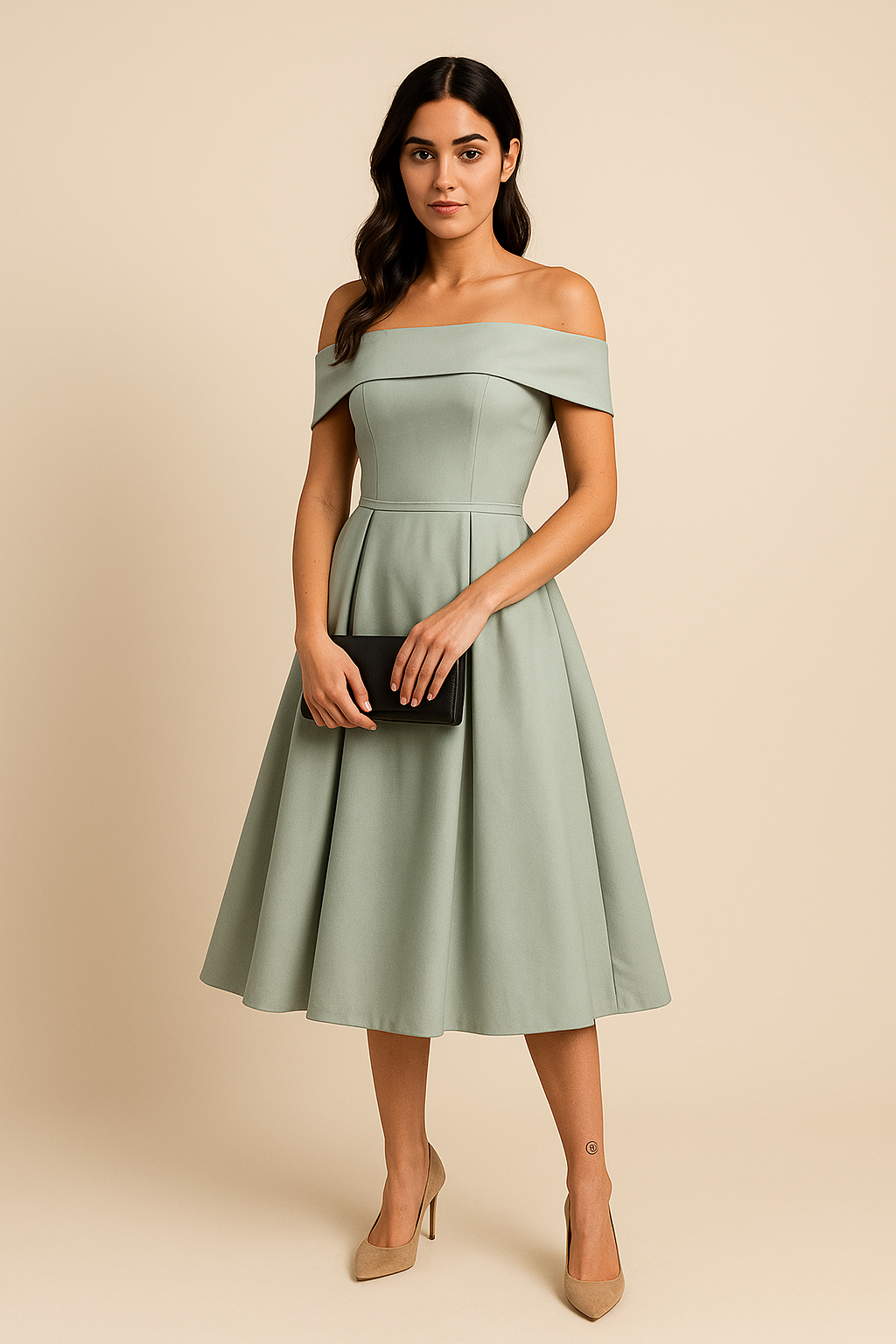 Edles schulterfreies Damenkleid, A-Linie, mit weitem Rock, für festliche Momente. Zeitlose Eleganz.