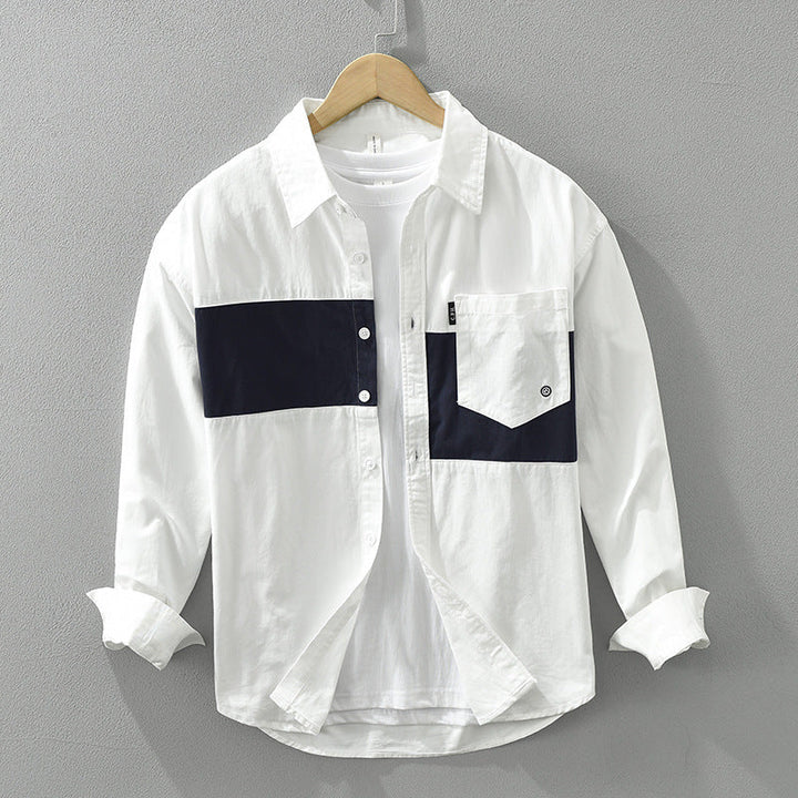 Praktisches Herren Cargo-Langarmhemd, Loose Fit, mit Brusttaschen und Patchwork für urbanen Look.