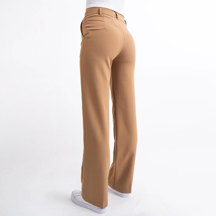 Flach liegende Damen Businesshose, hoher Bund, gerades Bein, zeigt klassisches Design.