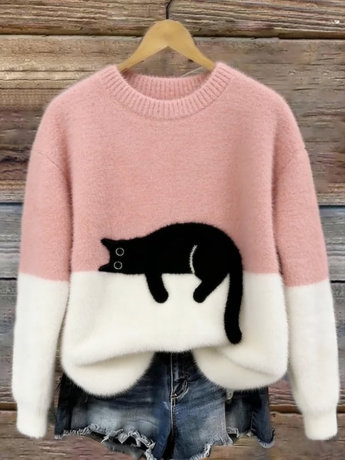 Entspannter Oversized Damenpullover mit süßem Katzenmotiv, perfekt für Freizeitmode & Gemütlichkeit.