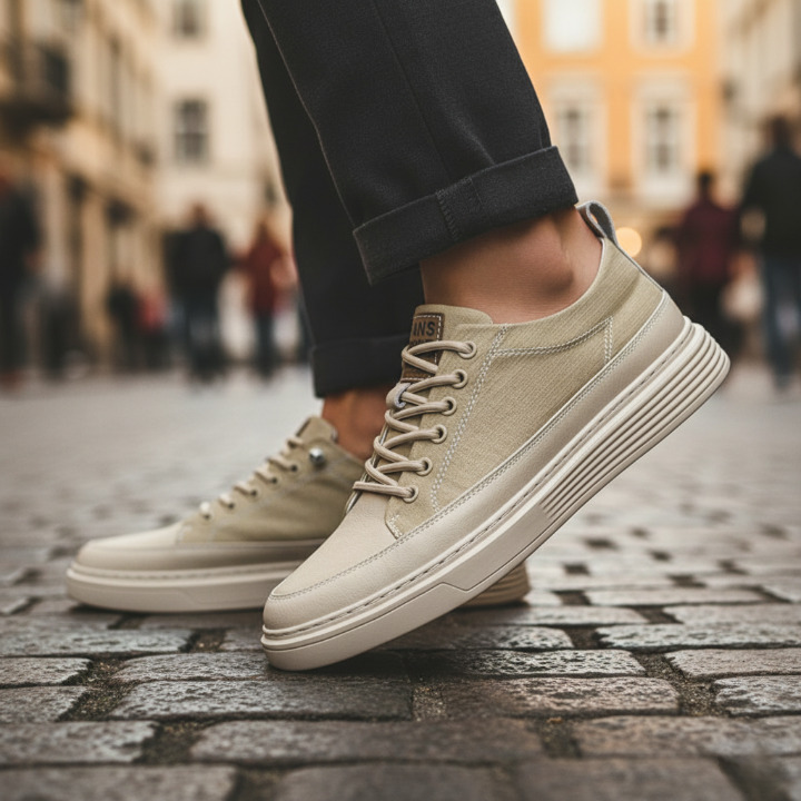 Detailaufnahme: Gepolsterter Herren-Sneaker für Komfort. Rutschfeste Sohle, stilvolle blau-weiße Herrenschuhe.