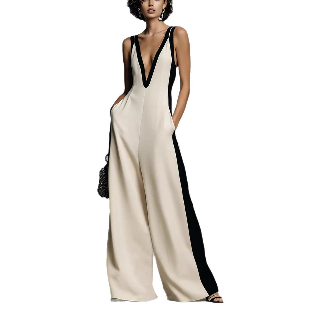 Stilvoller Damen-Jumpsuit, ärmellos, mit V-Ausschnitt und weitem Bein, perfekt für Freizeit & Anlässe.