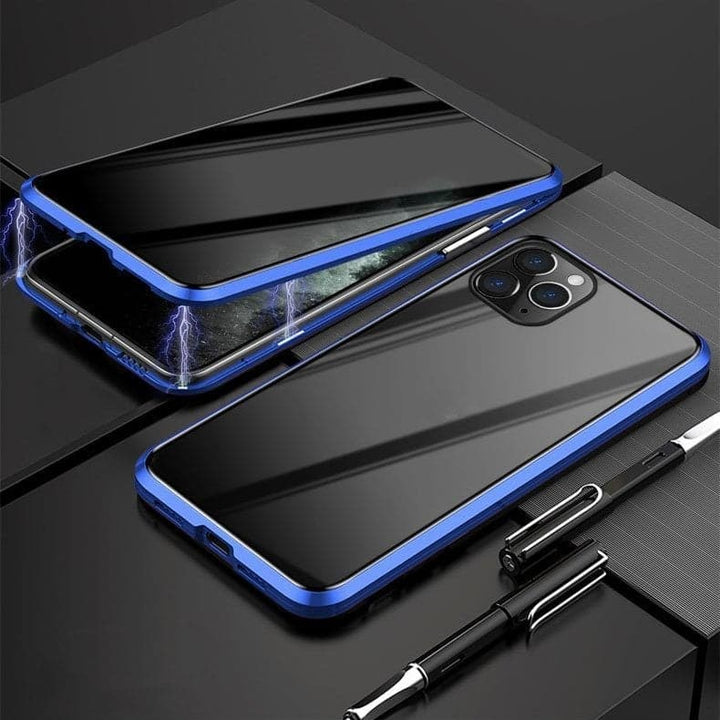 Premium magnetische iPhone Sichtschutzhülle mit Metallrahmen, 360° Schutz und integriertem Displayschutz.