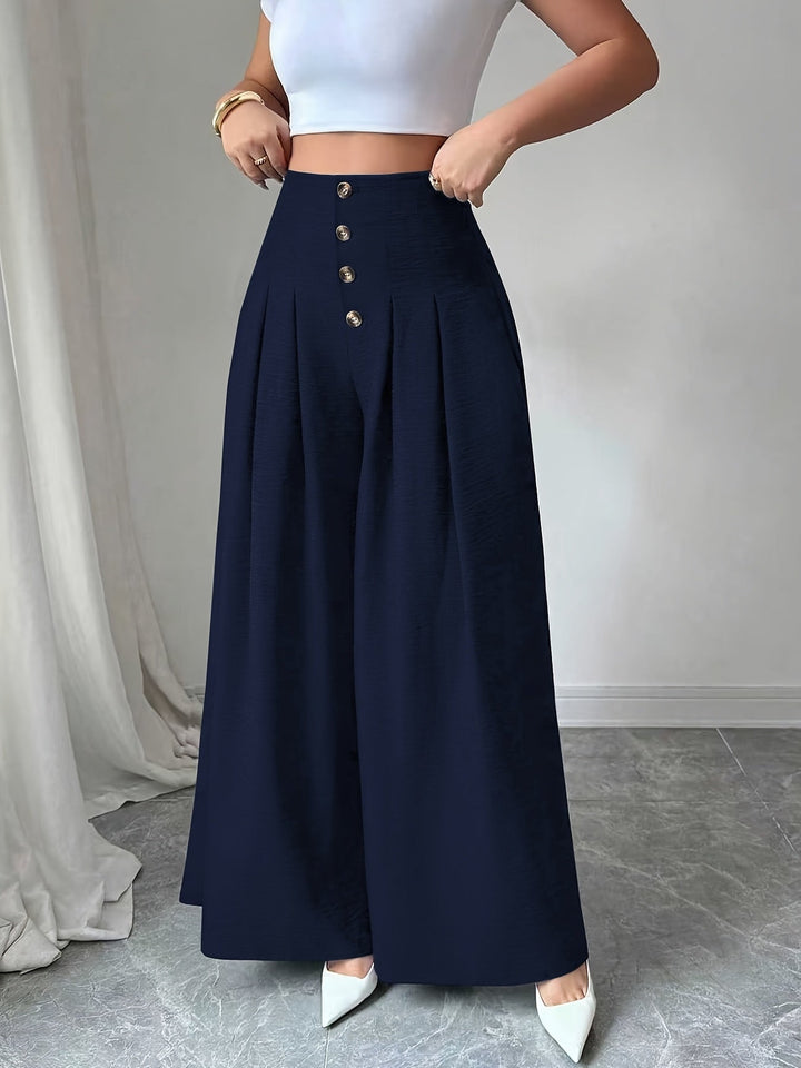 Dunkelgrüne Weitbein Hose, High-Waist für Damen, stilvoll für Büro & Freizeit.