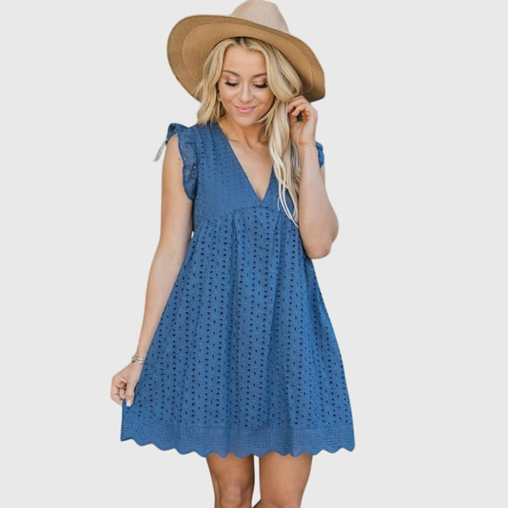 Modernes Damen Freizeitkleid, Mini-Länge, ärmellos und mit V-Ausschnitt, lässig und chic.
