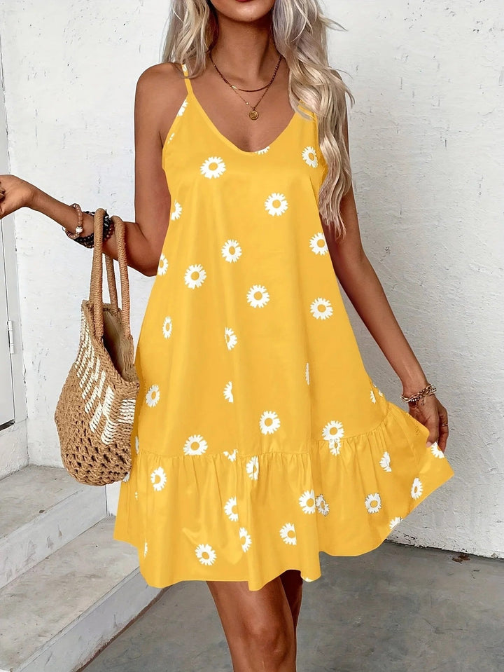 Modisches Damen Strandkleid Plus Size, luftig, ärmellos, mit zartem Blumenmuster & elegantem Volant.