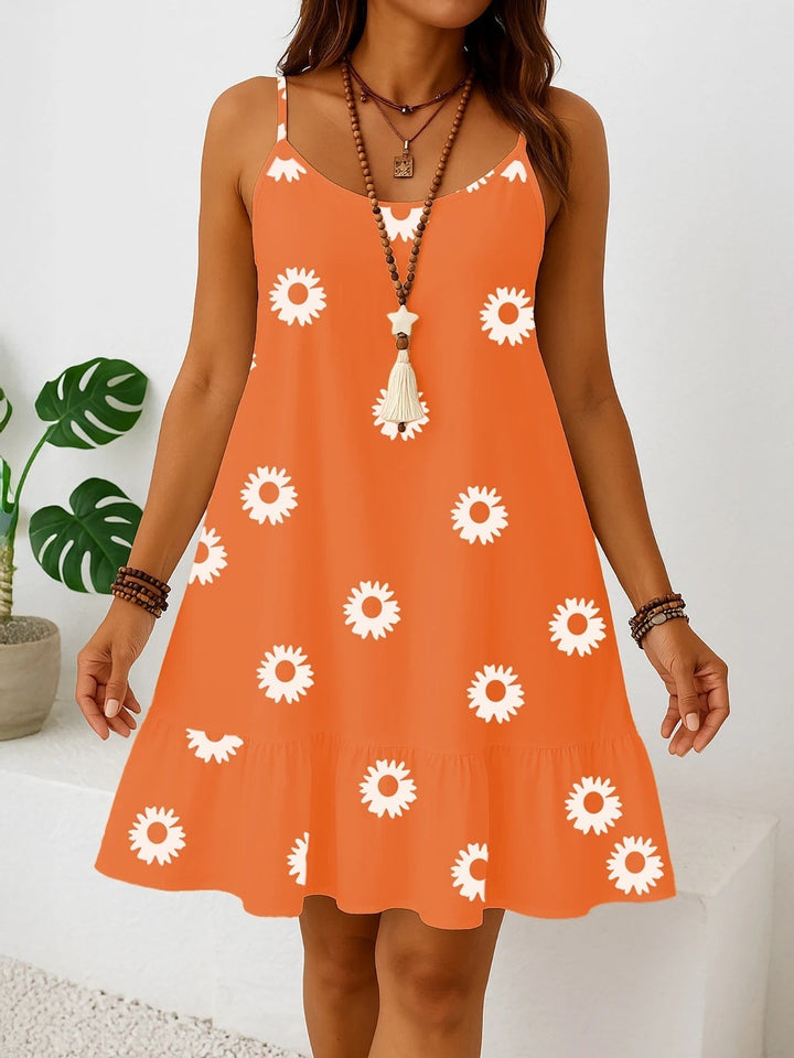 Bequemes ärmelloses Damen Sommerkleid in Übergröße, blau mit Blumenmuster und Volant. Perfekt für Strand.