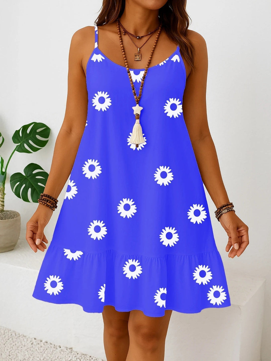 Urlaubskleid Damen Übergröße, ärmelloses Sommerkleid mit Volant und lebhaftem Blumenmuster.