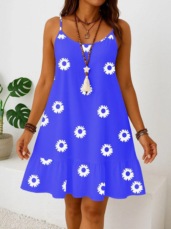 Urlaubskleid Damen Übergröße, ärmelloses Sommerkleid mit Volant und lebhaftem Blumenmuster.