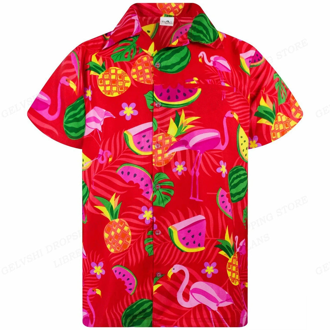 Herren Kurzarm Hemd mit lebendigem Flamingo Druck; ideal für Strand- und Poolpartys.