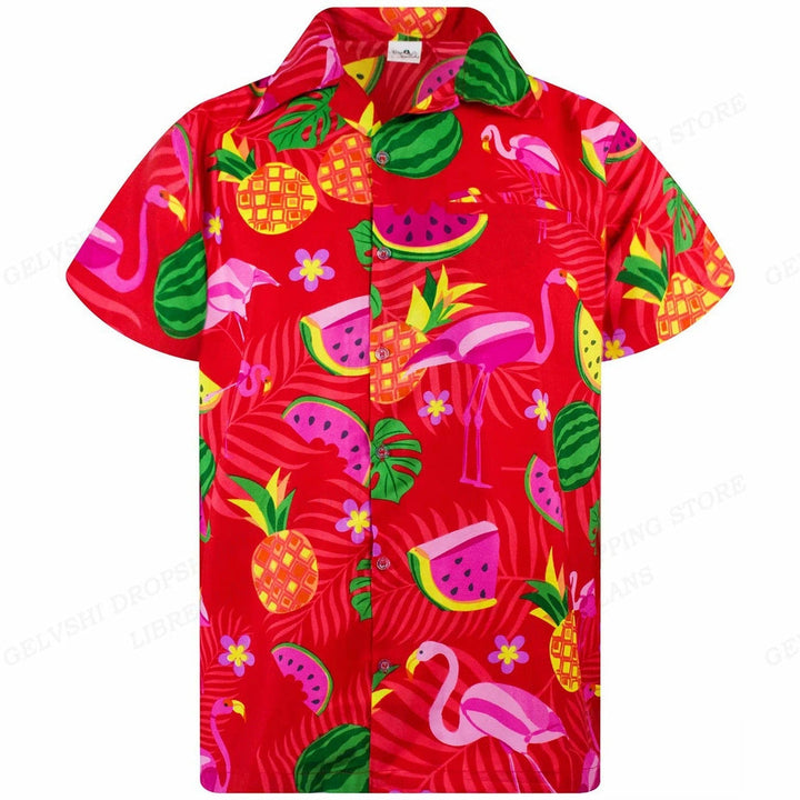Herren Kurzarm Hemd mit lebendigem Flamingo Druck; ideal für Strand- und Poolpartys.