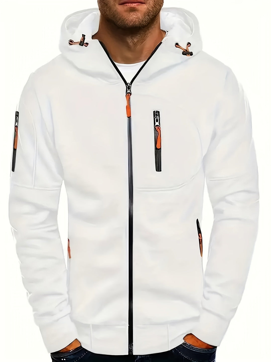 Moderne Herren Kapuzenjacke. Lässiger Zip-Hoodie im sportlichen Stil, ideal für Herbstmode und Männeroutfits.