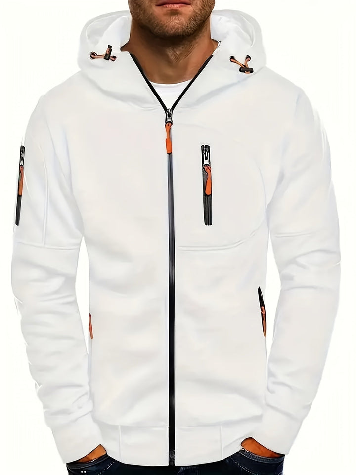 Moderne Herren Kapuzenjacke. Lässiger Zip-Hoodie im sportlichen Stil, ideal für Herbstmode und Männeroutfits.
