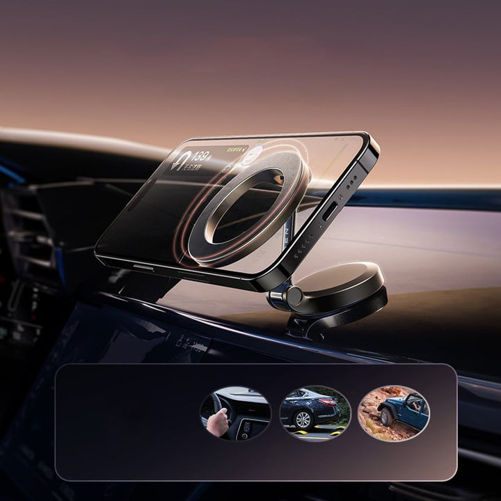 Leistungsstarker magnetischer Smartphone Halter mit Metallbasis für sicheren Halt im Fahrzeug.