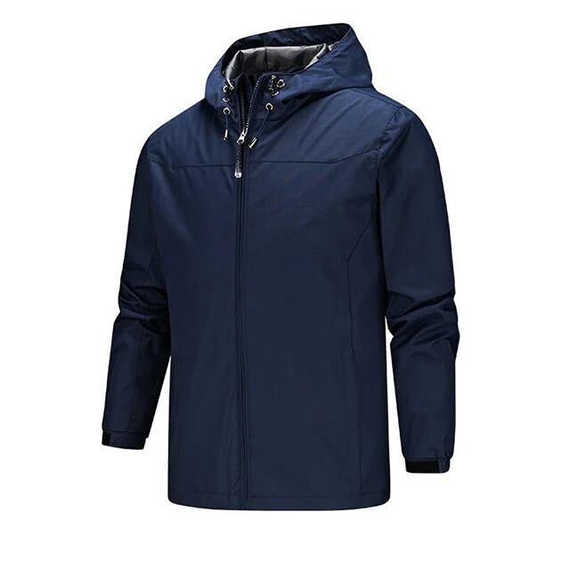 Moderne schwarze Herren Regenjacke, leicht, wasserdicht & winddicht für Sport und Freizeit.