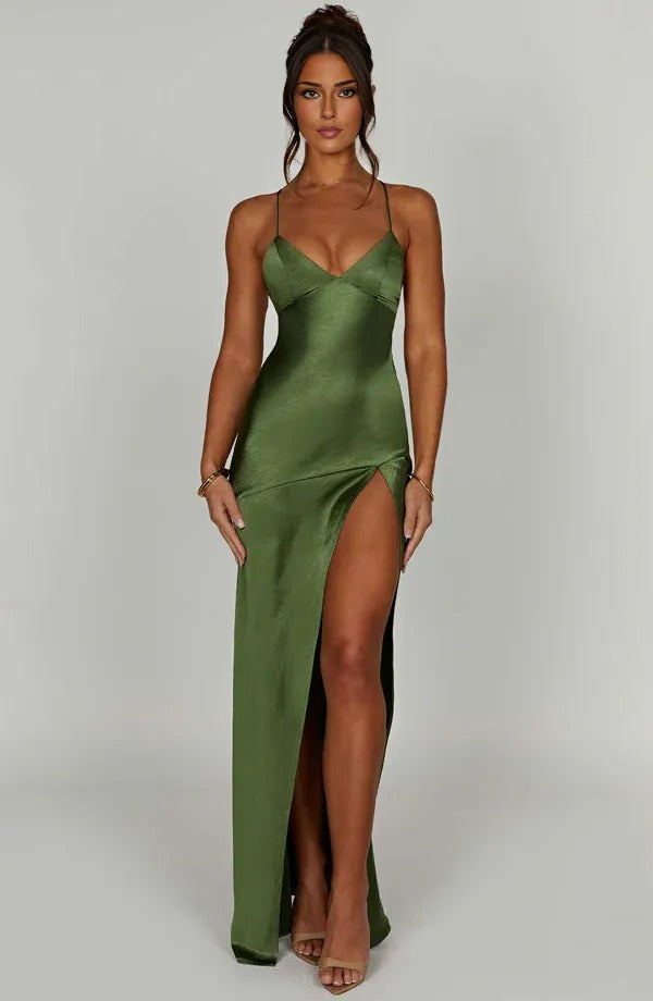Damen Maxikleid, festlich, rückenfrei, mit V-Ausschnitt, perfekt für Abendmode & Partys.