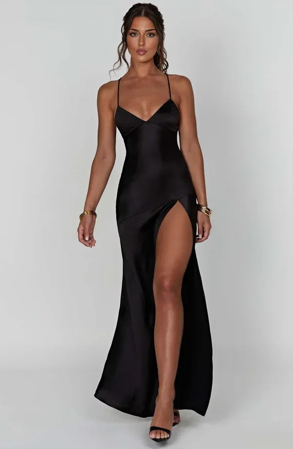 Damen Maxikleid als Partykleid, rückenfrei mit V-Ausschnitt, ideal für Hochzeitsgäste.