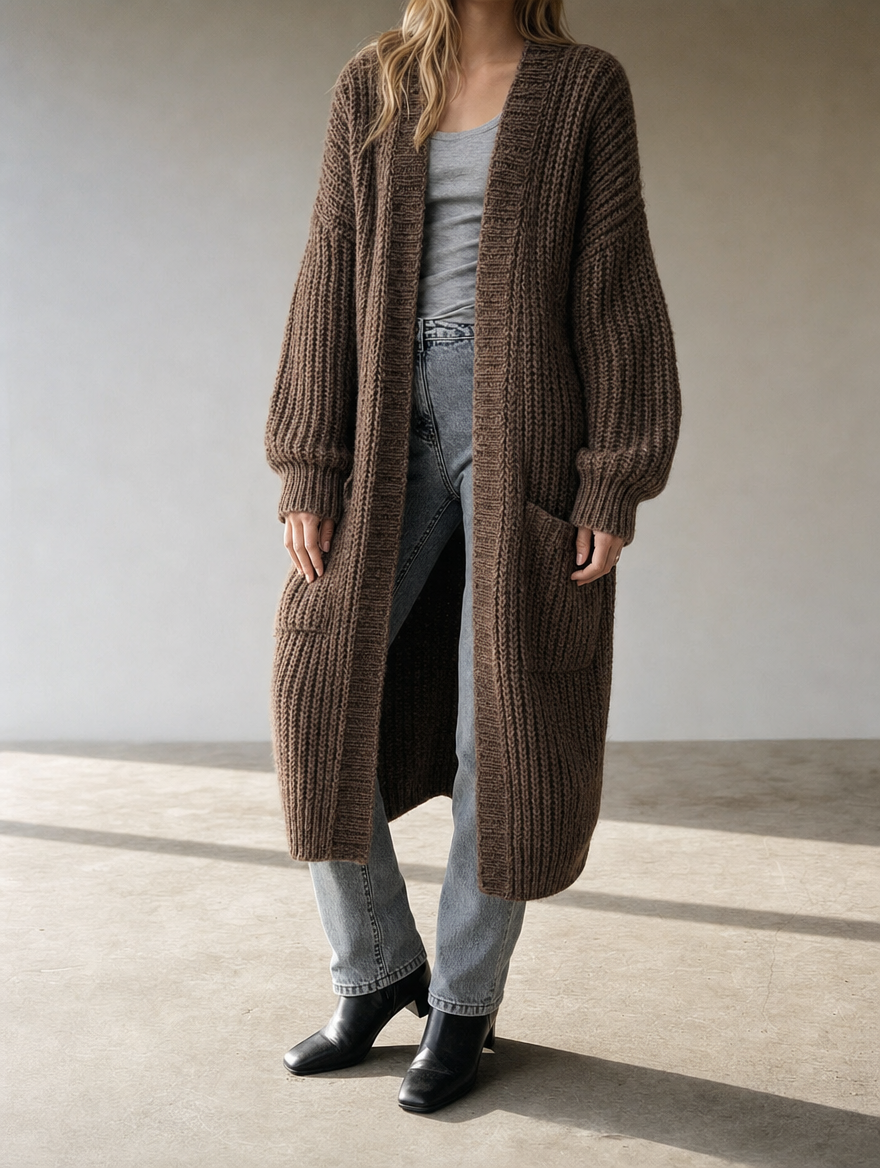Vielseitiger Damen Oversize Cardigan lang mit Taschen, ideal für gemütliches Layering im Herbst.