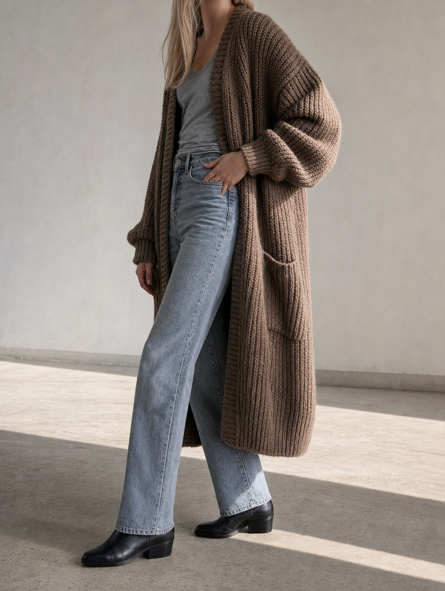 Bequemer, langer Damen Cardigan im Oversize-Stil für moderne Herbst- & Winter-Outfits.