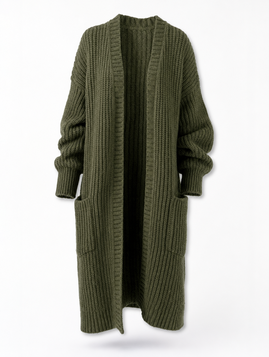 Modischer langer Oversize Cardigan für Damen, warm & bequem, ideal für kalte Jahreszeiten.