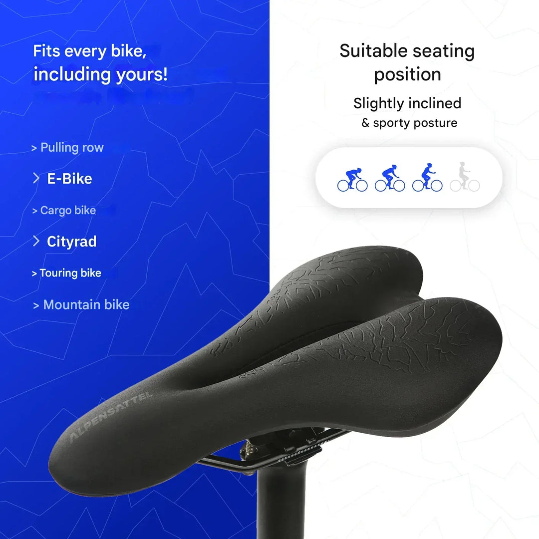 Schwarzer ergonomischer Fahrradsattel mit atmungsaktivem Design und Memory Foam gegen Sitzbeschwerden.