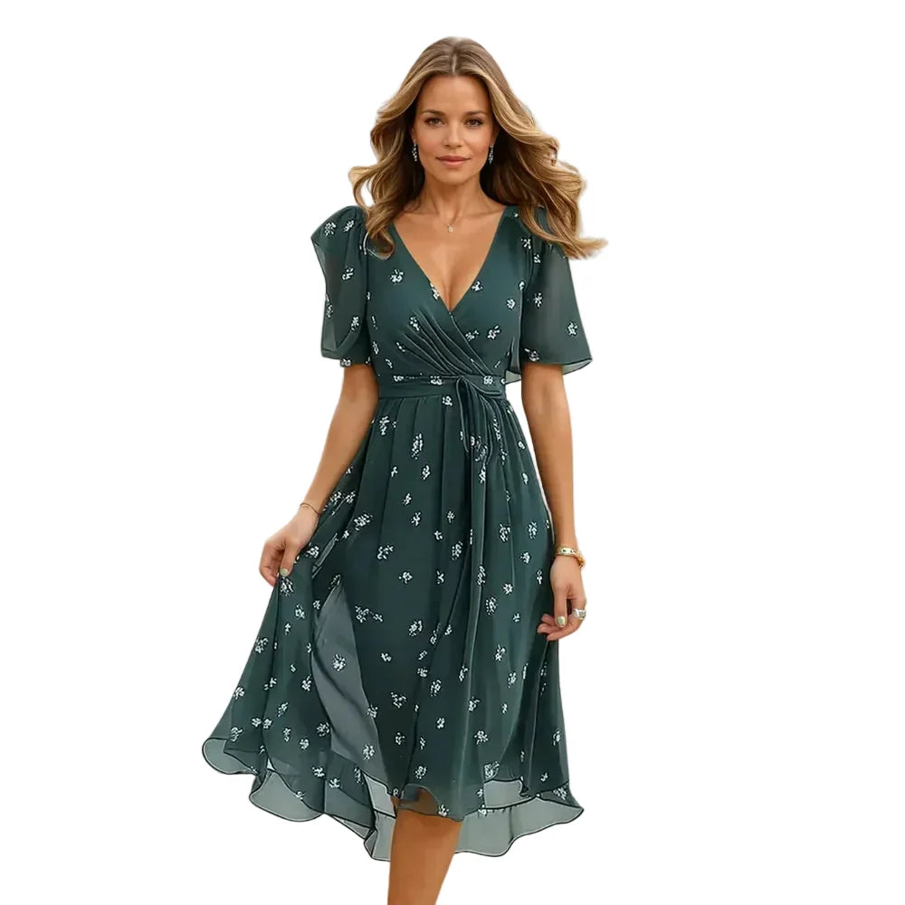 Elegantes Damen V-Ausschnitt Sommerkleid, leicht und luftig, ideal für warme Sommertage und Freizeit.