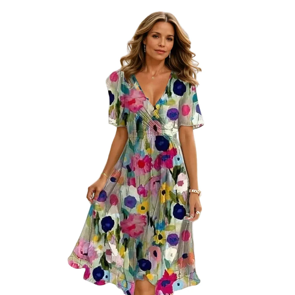 Vielseitiges Damen Midi-Kleid mit V-Ausschnitt, perfekt als Alltags- oder elegantes Sommerkleid.