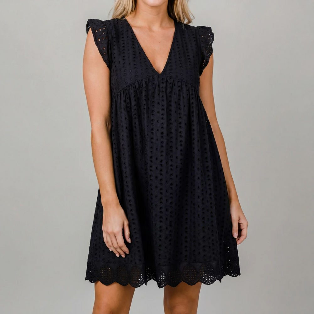 Kurzes Damen Freizeitkleid, ärmellos, V-Ausschnitt, im Relaxed Fit für sommerliche Tage.