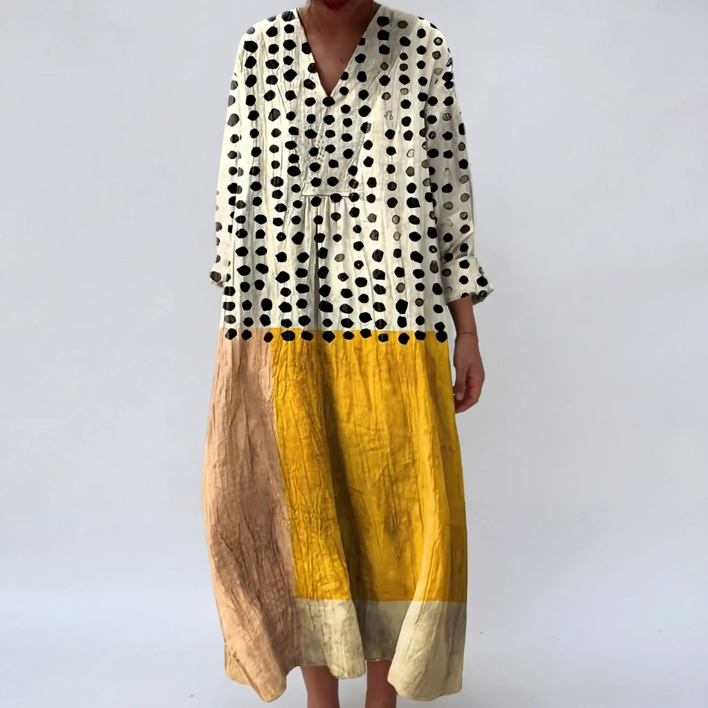 Damen Maxikleid casual mit Stufenrock und V-Ausschnitt, ideal für Freizeit.