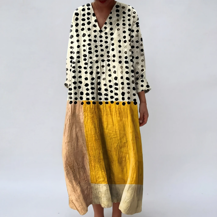 Damen Maxikleid casual mit Stufenrock und V-Ausschnitt, ideal für Freizeit.