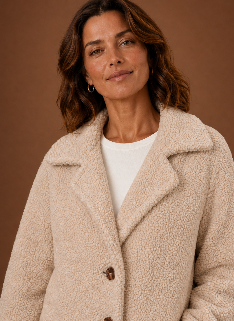 Detailaufnahme des weichen Materials: Kuscheliger Zweireiher Teddymantel für Damen, elegant und warm.