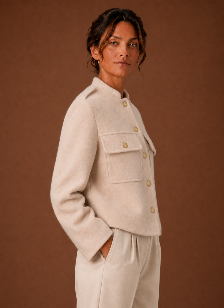 Schicke bordeauxfarbene Damen Kurzjacke mit Knopfleiste. Trendige Wintermode für stilvolles Layering.