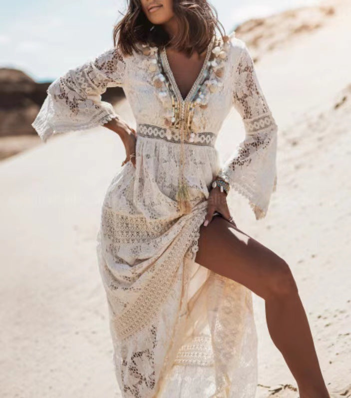 Damen Boho Maxikleid Elvira mit V-Ausschnitt, ideal für Sommer & Strand. Luftiges Boho-Stil Strandkleid.