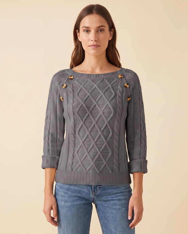 Warmer Damen Strickpullover mit Zopfmuster und Schulterknöpfen, perfekt für Herbst und Winter.