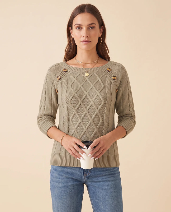 Bequemer Damen Strickpullover mit klassischem Zopfmuster und stilvollen Schulterknöpfen, modisch und vielseitig.