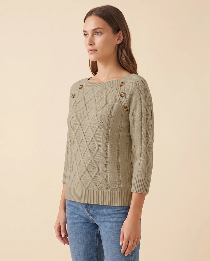 Moderner Damen Zopfstrickpullover mit chicen Schulterknöpfen, ein Must-have für die stilbewusste Frau.
