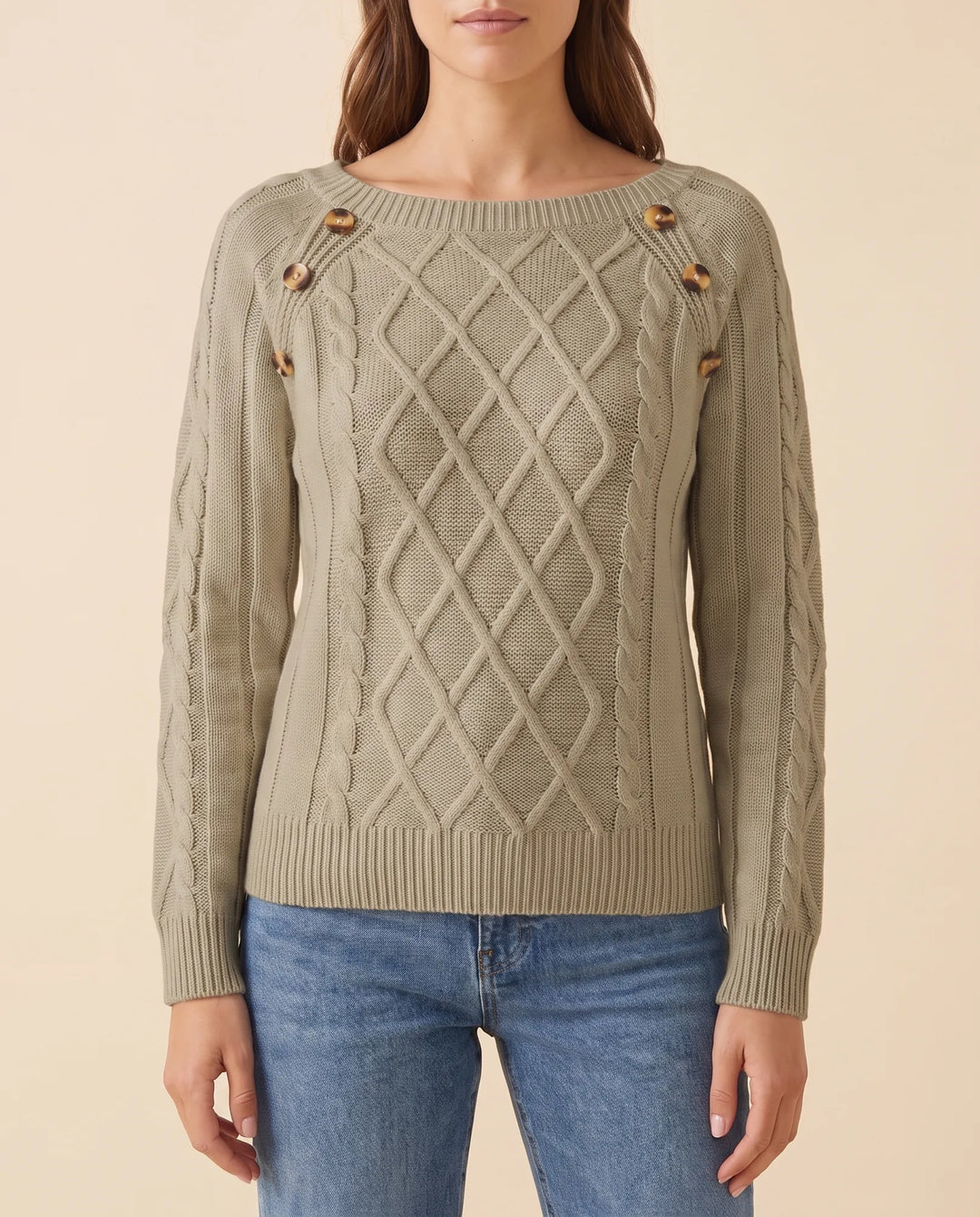 Damen Zopfstrickpullover mit Schulterknöpfen, eleganter Strickpullover für Alltag und besondere Anlässe.