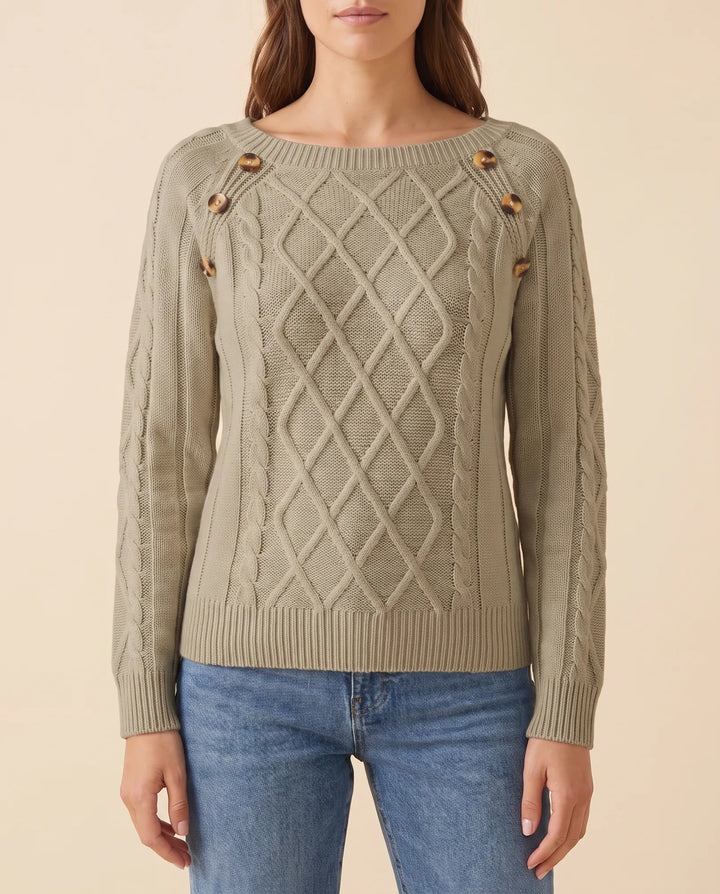 Damen Zopfstrickpullover mit Schulterknöpfen, eleganter Strickpullover für Alltag und besondere Anlässe.