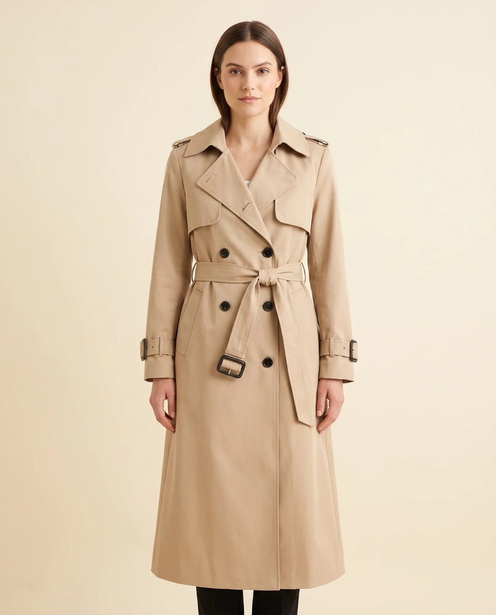 Damen eleganter klassischer Trenchcoat mit Zweireiher und Gürtel für stilvolle Übergangszeiten.