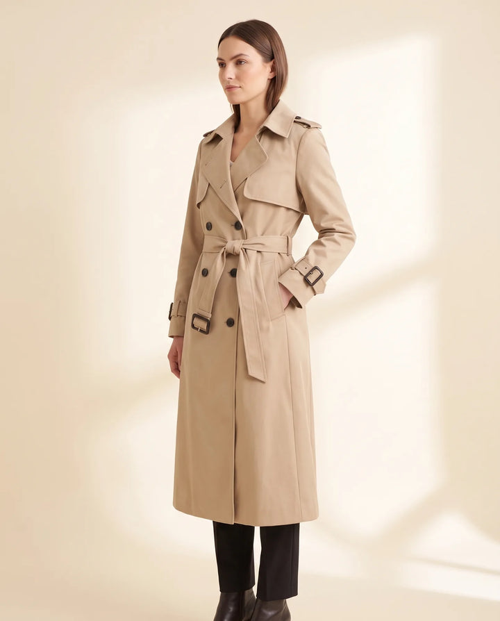 Stilvoller Damen Zweireiher Trenchcoat mit Gürtel, perfekt als Übergangsjacke für Frühling/Herbst.