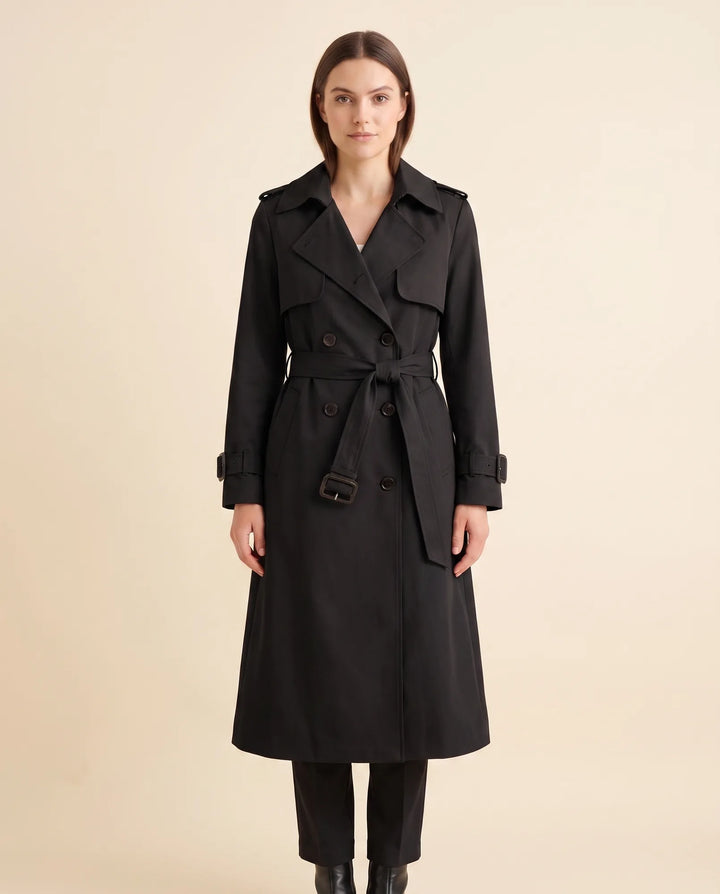 Eleganter Damen Trenchcoat mit Gürtel, langer Passform und Zweireiher-Design für Modebewusste.