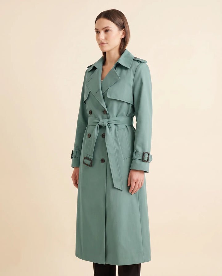 Eleganter Damen Übergangsjacke Trenchcoat, zweireihig mit Bindegürtel, ideal für Frühling und Herbst.