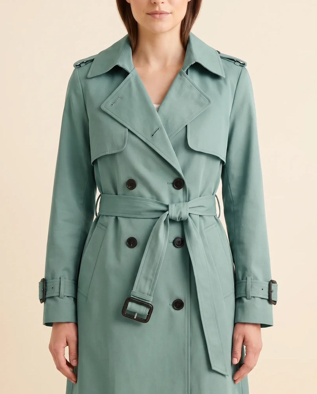 Damen Jacke Trenchcoat mit klassischem Revers, Zweireiher und Gürtel, zeitlose Oberbekleidung.