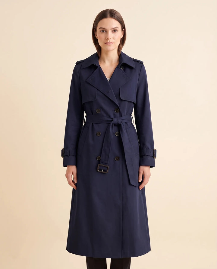 Modischer Damen Trenchcoat mit zweireihiger Knopfleiste und verstellbarem Gürtel für elegante Outfits.