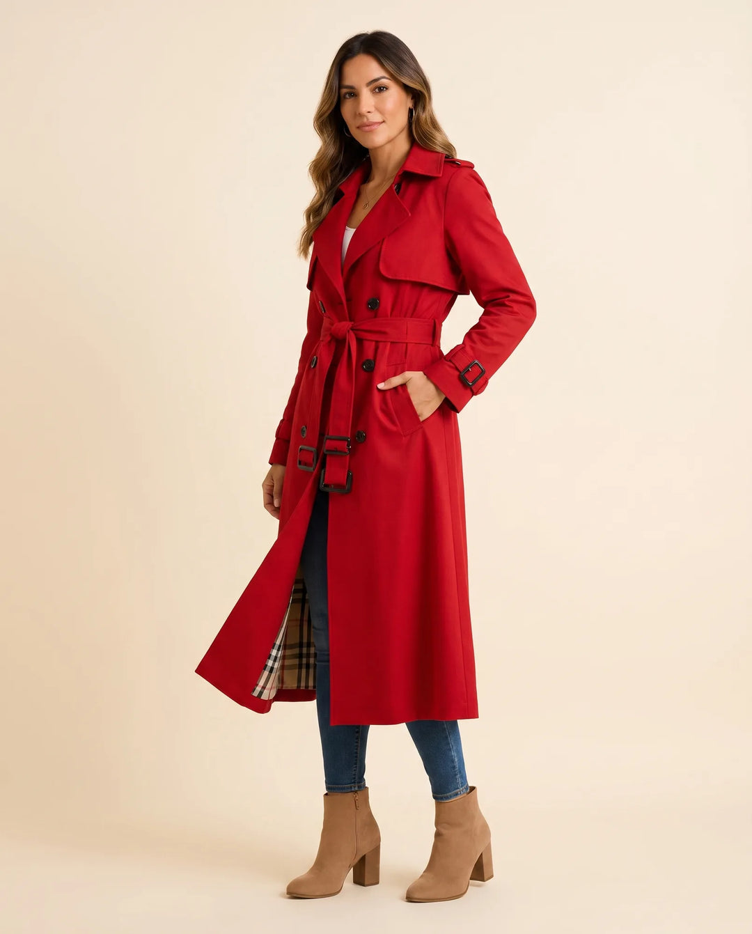 Damen Mode Trenchcoat mit Gürtel und Zweireiher für einen eleganten, professionellen oder lässigen Look.