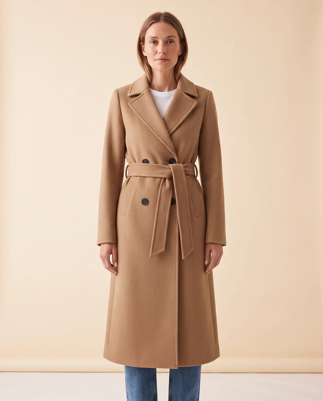 Moderner Damen Quinn Wintermantel mit Bindegürtel, warmer und eleganter Langmantel.