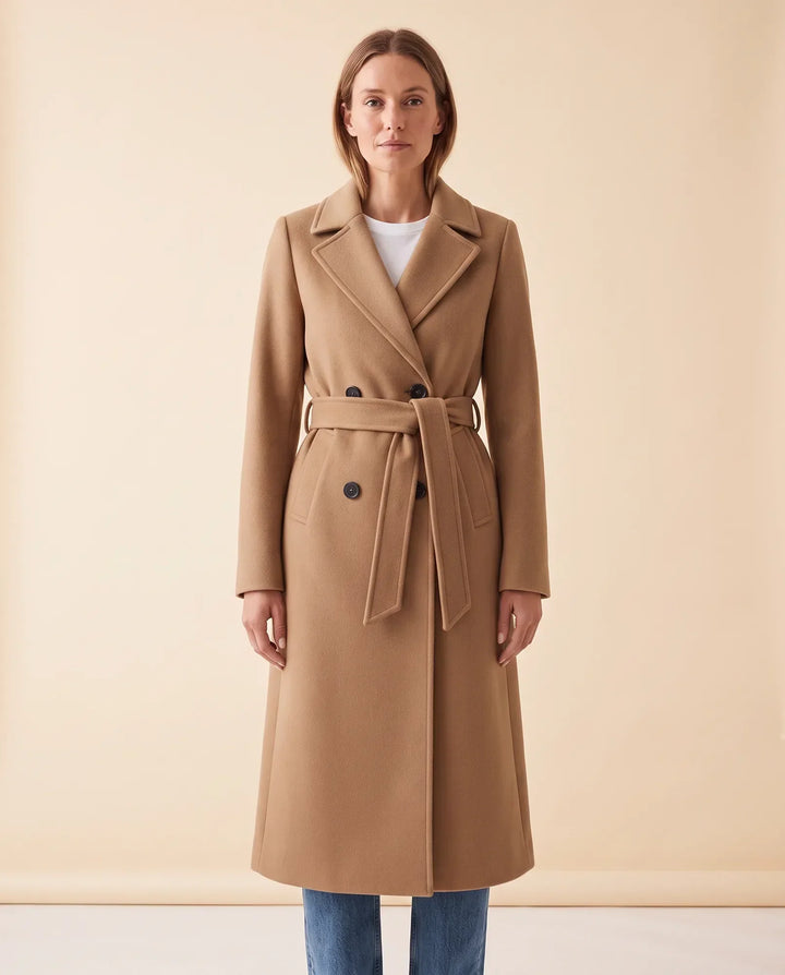 Moderner Damen Quinn Wintermantel mit Bindegürtel, warmer und eleganter Langmantel.