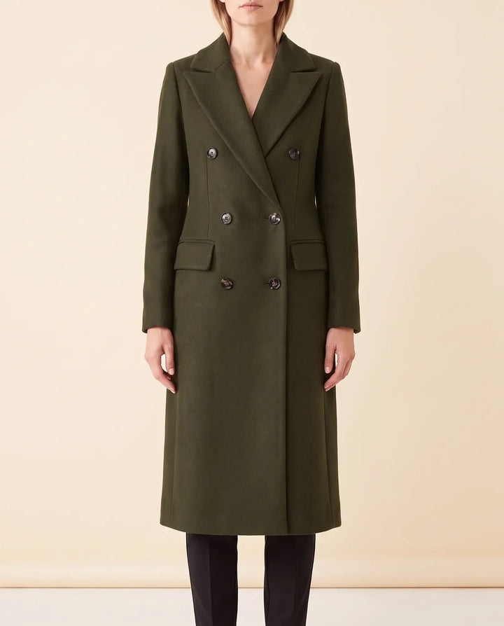 Femininer Damenmantel, lang & tailliert. Eleganter Zweireiher, ideal für formelle Anlässe.