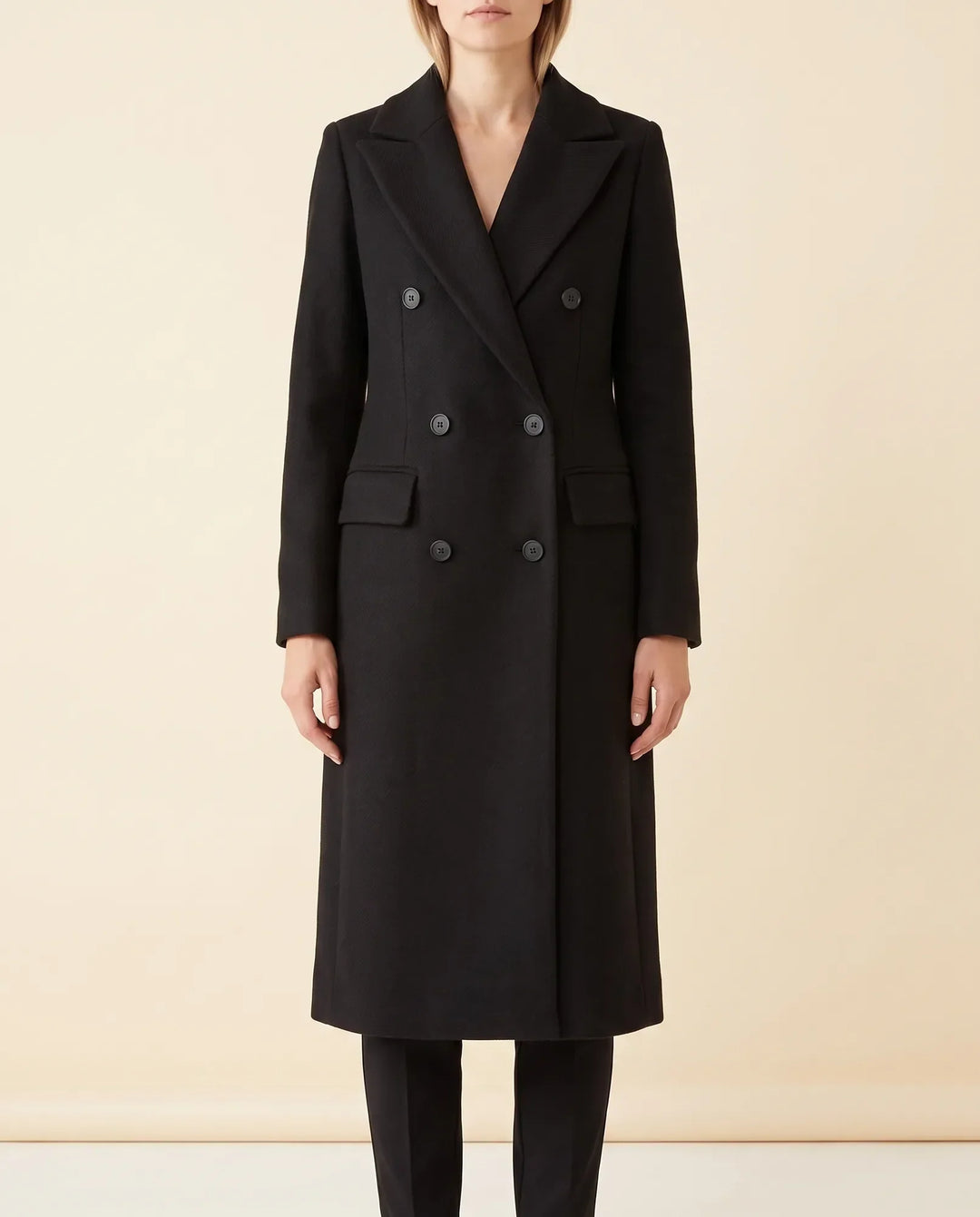Damen Eleganter Langer Mantel, tailliert, Zweireiher. Perfekt für Büro & Freizeit.