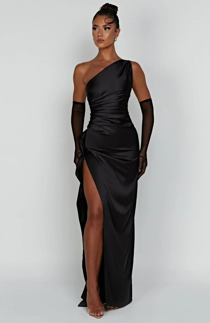 Stilvolles dunkelblaues Damenkleid, lang, One-Shoulder, mit Beinschlitz, ideal für Hochzeiten.